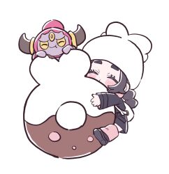  1girl ansha_(pokemon) black_coat black_dress black_shoes blush closed_eyes coat coat_dress commentary_request doughnut dress eyelashes food hat highres hoopa hoopa_(confined) kino_haruc long_hair long_sleeves oversized_food oversized_object pokemon pokemon_(creature) pokemon_legends:_z-a shoes white_background white_hat 