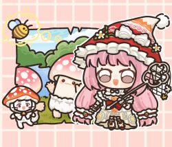  1girl absurdly_long_hair animal bee black_ribbon blue_sky blush_stickers border bow bow_legwear bowtie brooch brown_eyes bug butterfly_net carrying_over_shoulder cat chibi chinese_commentary cloak clothed_animal clouds commentary_request day dress eyelashes flower food-themed_hair_ornament frilled_bow frilled_headwear frilled_leg_warmers frilled_sleeves frilled_wrist_cuffs frills grass grid_border hair_ornament hair_tie hand_net happy hat hat_bow hat_flower highres holding holding_butterfly_net infinity_nikki jewelry lake leg_warmers long_dress long_hair looking_at_viewer low-tied_long_hair low_twintails ming194413 momo_(nikki) mushroom_hat navel neck_ribbon nikki_(nikki) nikki_(series) official_alternate_costume open_mouth orange_bow outdoors outline outside_border pink_border pink_hair plant pom_pom_(clothes) print_dress puffy_short_sleeves puffy_sleeves red_bow red_bowtie red_hat red_shoes ribbon shoes short_sleeves shroomling_(infinity_nikki) sky smile speech_bubble spoken_animal standing strawberry_hair_ornament sweet_waltz_(infinity_nikki) thinking thought_bubble tree twintails very_long_hair vines whiskers white_bow white_cat white_cloak white_dress white_flower white_leg_warmers white_outline white_wrist_cuffs witch_hat wrist_bow wrist_cuffs 