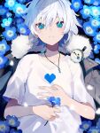  1boy black_background blue_eyes blue_flower blue_hair blush colored_inner_hair flower hand_on_own_chest heart highres holding holding_flower jewelry looking_at_viewer lying male_focus multicolored_hair necklace novela_kudasai on_side original parted_lips shirt short_hair short_sleeves solo teeth white_hair white_shirt 