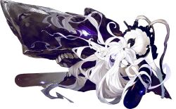  1girl abyssal_ship akira_(kadokawa) bare_legs barefoot blue_eyes cracked_skin dress fingernails glowing glowing_eyes horns kantai_collection long_hair monster nail_polish official_art pale_skin short_dress simple_background solo submarine_princess teeth third-party_source toenail_polish toenails torpedo transparent_background very_long_hair white_dress white_hair 