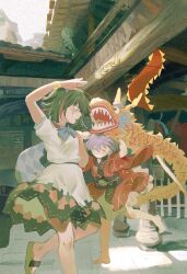  2girls absurdres arrow_print barefoot black_hair black_sash closed_eyes dress grey_horns grin highres horns japanese_clothes kijin_seija kimono multicolored_hair multiple_girls nengo nimble_fabric obi print_dress puffy_short_sleeves puffy_sleeves purple_hair red_eyes red_hair red_kimono sandals sash short_sleeves small_horns smile streaked_hair sukuna_shinmyoumaru toes touhou white_dress 