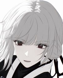  1girl alternate_costume black_ribbon celly_(mogmog_99) closed_mouth commentary_request grey_hair hair_ribbon highres light_smile looking_at_viewer mole mole_under_mouth portrait red_eyes ribbon sanhua_(wuthering_waves) short_hair simple_background solo unfinished white_background wuthering_waves 