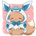  :3 =_= blue_bow blush_stickers bow capelet closed_eyes clothed_pokemon cosplay eevee full_body glaceon glaceon_(cosplay) hand_on_own_stomach highres hood hooded_capelet kana_(maple926) open_mouth pokemon pokemon_(creature) sitting smile solo 