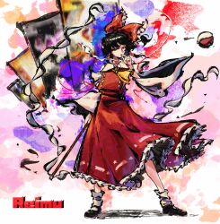  1girl ascot black_hair black_shoes bow character_name chinese_commentary cigarette commentary_request detached_sleeves frilled_bow frilled_skirt frills full_body hair_bow hair_tubes hakurei_reimu highres holding holding_cigarette long_hair looking_at_viewer orb red_bow red_eyes red_skirt ribbon-trimmed_skirt ribbon_trim shoes skirt skirt_set smoke smoking socks solo touhou white_socks xiao'an_de_kaoroufan yellow_ascot yin_yang yin_yang_orb 