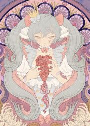  1girl abstract_background aqua_eyes aqua_hair art_nouveau bandaid bow bow_choker choker commentary cracked_skin crown dress english_commentary expressionless frills gold_crown hagushka hair_bow hair_ornament hairclip hatsune_miku long_hair looking_at_viewer mini_crown multicolored_hair puffy_short_sleeves puffy_sleeves short_sleeves signature tilted_headwear twintails two-tone_hair very_long_hair vocaloid white_dress 