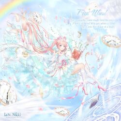  1girl absurdly_long_hair ankle_flower ankle_ribbon artist_request bare_shoulders bird blue_dress blue_sky book bow character_name chest_jewel choker clock copyright_logo dot_nose dove dress english_text first_wind_(miracle_nikki) floating floating_clothes flower frilled_wrist_cuffs frills full_body gem gold_choker gown grey_hair hair_bow hair_flower hair_ornament happy high_heels holding holding_book kneehighs lace_socks leg_ribbon light_blush logo long_dress long_hair looking_at_viewer magic_circle miracle_nikki nikki_(series) official_art open_book open_mouth petals pink_bow pink_gem pink_hair pink_ribbon pink_shoes pocket_watch rainbow ribbon shoes sky smile socks solo stiletto_heels tareme teeth third-party_source twintails two-tone_dress upper_teeth_only very_long_hair waist_bow watch wavy_hair white_dress white_flower white_socks white_wrist_cuffs wrist_cuffs 