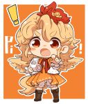  ! 1girl animal animal_on_head bird bird_on_head blonde_hair bloomers blush boots border brown_footwear chick dress full_body holding holding_whistle knee_boots long_sleeves multicolored_hair niwatari_kutaka on_head open_mouth orange_dress pointing pointing_at_viewer red_eyes redhead shirt short_hair solo touhou two-tone_hair uisu_(noguchipint) underwear whistle white_bloomers white_border white_shirt 