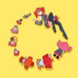  artist_request baguette bread buttons closed_mouth commentary_request detached_sleeves drill_hair face_down figure food highres kasane_teto kasane_teto_(sv) kasane_teto_(utau) light_smile long_sleeves lying mesmerizer_(vocaloid) off_shoulder red_eyes red_hair shirt skirt sleeveless sleeveless_shirt smile stuffed_toy synthesizer_v thigh-highs twin_drills utau 