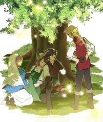  2boys 2girls absurdres black_hair black_pants blanket blonde_hair blue_shawl boots braid breasts brown_boots brown_gloves brown_hair brown_vest closed_eyes dress finger_to_mouth full_body gloves green_dress hair_between_eyes hairband hands_on_own_hips highres holding holding_blanket katarina_neko kneeling laurana_(octopath_traveler) leaning_on_person long_hair looking_at_another medium_breasts multiple_boys multiple_girls octopath_traveler octopath_traveler:_champions_of_the_continent octopath_traveler_0 pants phenn_(octopath_traveler) red_hairband red_pants red_vest shawl shirt shirt_under_dress short_hair single_braid sleeping smile stia_(octopath_traveler) tree under_tree updo veil vest white_dress white_shirt white_veil zero_(octopath_traveler) 