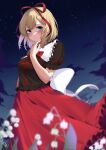  absurdres blonde_hair blue_eyes blurry blurry_background blush breasts clouds depth_of_field flower hair_ribbon highres keenii_(kenny86) medicine_melancholy medium_breasts night night_sky outdoors parted_lips red_ribbon red_skirt ribbon skirt sky star_(sky) teeth touhou white_flower 