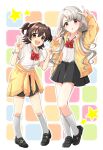  2girls :d akagi_miria black_hair black_ribbon black_skirt blush bracelet braid braided_bangs brown_eyes cardigan clothes_around_waist collarbone double_w full_body grey_hair hair_ribbon highres hisakawa_nagi idolmaster idolmaster_cinderella_girls idolmaster_cinderella_girls_starlight_stage idolmaster_cinderella_girls_u149 jewelry loafers long_hair long_sleeves looking_at_viewer low_twintails multicolored_background multiple_girls neck_ribbon open_cardigan open_clothes open_mouth pleated_skirt popon_ta red_ribbon ribbon shirt shoes short_hair short_sleeves skirt smile socks star_(symbol) twintails two_side_up v very_long_hair w white_shirt white_socks yellow_cardigan 