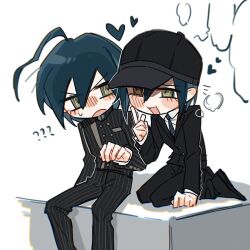  2boys ? ?? ahoge annoyed black_hair black_hat black_jacket blue_necktie blush brown_eyes buttons collared_jacket collared_shirt commentary_request confused danganronpa_(series) danganronpa_v3:_killing_harmony deformed dual_persona eyelashes hair_between_eyes hat heart index_finger_raised jacket kneeling long_sleeves male_focus multiple_boys necktie open_mouth pants pinstripe_jacket pinstripe_pants pinstripe_pattern saihara_shuichi school_uniform shirt short_hair sitting striped_clothes sweatdrop tujiang6 white_background 