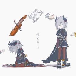  3girls ankle_boots arm_at_side arms_at_sides assault_lily belt black_belt black_boots black_bow black_bowtie black_horns black_jacket black_skirt blood blood_in_hair blood_on_clothes blood_on_face blood_on_hands blood_on_leg boots bow bow_(music) bowtie bridal_gauntlets brown_bridal_gauntlets buckle cake cake_slice commentary_request crying cup demon_horns faceless faceless_female food frilled_sleeves frills grey_background grey_hair hair_over_one_eye half_updo highres holding holding_weapon horns instrument jacket jewelry karasawa_aisa kasa_(kasa_mayulove) kneeling miniskirt multiple_girls multiple_views murakami_tokiwa necklace out_of_frame paper pendant pleated_skirt profile reaching reaching_towards_another sauce sekino_youko short_hair short_sleeves simple_background single_horizontal_stripe skirt snap-fit_buckle standing striped_clothes striped_skirt tea teacup tears translation_request violin waist_cape weapon 