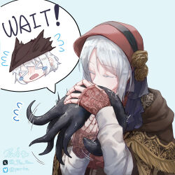  1girl 1other absurdres ascot black_hat bloodborne bonnet cloak closed_eyes coat doll_joints fingerless_gloves gloves hat hat_ornament highres hunter_(bloodborne) hunter_(great_one)_(bloodborne) joints medium_hair pin.s plain_doll red_ascot red_bonnet speech_bubble sweatdrop tagme tears tentacles white_hair 