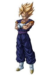  1boy absurdres blonde_hair blue_pants blue_shirt boots commentary_request crossed_arms dougi dragon_ball dragon_ball_z earrings full_body gloves green_eyes highres jewelry male_focus medium_hair muma_maximum76 muscular muscular_male orange_shirt pants potara_earrings purple_sash sash shirt solo spiky_hair super_saiyan super_saiyan_1 vegetto white_boots white_gloves 
