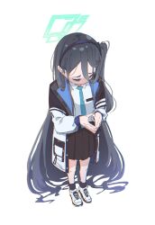  1girl 53c_(ray_cordova) absurdly_long_hair aris_(blue_archive) black_hairband black_jacket black_skirt black_socks blue_archive blue_necktie collared_shirt commentary_request hairband halo highres jacket long_hair long_sleeves necktie one_side_up open_clothes open_jacket own_hands_together pleated_skirt puffy_long_sleeves puffy_sleeves shirt shoes simple_background skirt socks solo standing very_long_hair white_background white_shirt white_shoes 