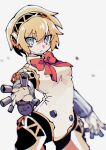  1girl :o aegis_(persona) android blonde_hair blue_eyes cowboy_shot headphones highres looking_at_viewer outstretched_arm persona persona_3 red_ribbon ribbon sanu_(numenume_7) short_hair simple_background solo white_background 