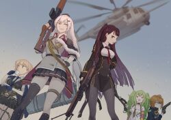  5girls aircraft blue_sky bullpup dragunov_svd girls_frontline green_eyes grizzly_mkv_(girls'_frontline) gun helicopter highres long_hair m950a_(girls'_frontline) multiple_girls open_mouth rifle sky sniper_rifle svd_(girls'_frontline) tab_(tabkun) wa2000_(girls'_frontline) walther_wa_2000 weapon welrod_mkii_(girls'_frontline) 