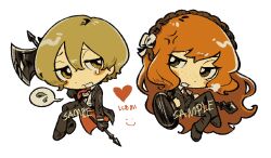  1boy 1girl axe black_coat black_jacket black_shoes blonde_hair clowninfinite coat collared_shirt commentary english_commentary halberd heart holding holding_axe ishmael_(project_moon) jacket limbus_company long_hair open_mouth orange_hair polearm project_moon shirt shoes simple_background sinclair_(project_moon) smile tears two-sided_coat two-sided_fabric very_long_hair wavy_hair weapon white_background white_shirt yellow_eyes 