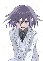  1boy absurdres black_shirt bs_(twst_with) buttons collared_shirt commentary_request danganronpa_(series) danganronpa_v3:_killing_harmony flipped_hair foreshortening formal_clothes hair_between_eyes highres long_sleeves looking_at_viewer male_focus medium_hair oma_kokichi open_mouth pants partial_commentary purple_hair reaching reaching_towards_viewer shirt simple_background smile solo sparkle suit upper_body violet_eyes white_background white_suit 