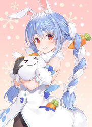  1girl animal_ears black_gloves black_leotard black_pantyhose blue_hair braid carrot_hair_ornament closed_mouth coat coat_dress commentary_request detached_sleeves double-parted_bangs dress extra_ears food-themed_hair_ornament fur-trimmed_coat fur-trimmed_gloves fur_trim gloves hair_between_eyes hair_ornament hikimayu holding hololive leotard leotard_under_clothes long_hair looking_at_viewer multicolored_hair official_artist_extra pantyhose pekomon_(usada_pekora) playboy_bunny puffy_detached_sleeves puffy_short_sleeves puffy_sleeves rabbit-shaped_pupils rabbit_ears rabbit_girl rabbit_tail red_eyes short_eyebrows short_sleeves sidelocks smile solo symbol-shaped_pupils tail thick_eyebrows twin_braids two-tone_hair usada_pekora usada_pekora_(1st_costume) virtual_youtuber white_coat white_hair white_sleeves yuuki_hagure 
