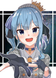  1girl absurdres beret black_gloves blue_choker blue_eyes blue_hair blush choker commentary_request crown gloves grey_hat grey_shirt hand_on_own_chest hat highres hololive hoshimachi_suisei hoshimachi_suisei_(1st_costume) looking_at_viewer open_mouth partially_fingerless_gloves shirt side_ponytail smile solo star_(symbol) star_in_eye symbol_in_eye u_da_desu virtual_youtuber 