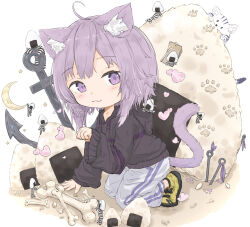  1girl :3 absurdres ahoge animal_ear_fluff animal_ears black_hoodie bone cat_ears cat_girl cat_tail closed_mouth commentary_request highres hololive hood hood_down hoodie looking_at_viewer medium_hair nekomata_okayu nekomata_okayu_(1st_costume) onigirya_(nekomata_okayu) pants paw_pose purple_hair shoes smile solo tail u_da_desu violet_eyes virtual_youtuber white_pants yellow_shoes 