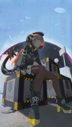  1girl absurdres ammunition bird black_hat black_horns blue_sky blush box brown_thighhighs closed_mouth commentary_request curled_horns dress fingerless_gloves from_below full_body gloves green_eyes gun hat highres hollow_(zenless_zone_zero) horns long_hair lupinu5 magus_(zenless_zone_zero) mechanical_horns mechanical_tail orange_hair orange_pupils orphie_magnusson outdoors pointy_ears sign single_fingerless_glove sitting sky tail thigh-highs weapon zenless_zone_zero zipper_dress 