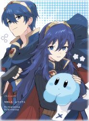  1990s_(style) 1boy 1girl ancestor_and_descendant black_gloves blue_cape blue_eyes blue_gloves blue_hair cape commentary_request fingerless_gloves fire_emblem fire_emblem:_mystery_of_the_emblem fire_emblem_awakening gloves hair_between_eyes highres kirby kirby_(series) kiriya_(552260) long_hair long_sleeves lucina_(fire_emblem) marth_(fire_emblem) red_cape retro_artstyle short_hair smile super_smash_bros. tiara twitter_username two-tone_cape 
