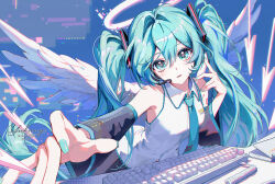  1girl angel angel_wings bare_shoulders blue_background blue_eyes blue_hair blue_nails blue_necktie commentary computer_keyboard detached_sleeves electric_angel_(vocaloid) flying_nimbus hatsune_miku headset highres long_hair looking_at_viewer nail_polish necktie parted_lips reaching reaching_towards_viewer shirt shoulder_tattoo signature sleeveless sleeveless_shirt solo symbol-only_commentary tattoo twintails vocaloid white_shirt wings yutttang 