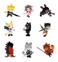  3girls 6+boys aerith_gainsborough aiming animal_earrings animal_ears animalization armor armored_boots bat_boy bat_ears black_coat black_pants black_skirt blue_eyes boots brown_boots brown_eyes buster_sword cat_boy cat_ears cat_tail chest_strap chibi chibi_only cloak cloud_strife coat crisis_core:_final_fantasy_vii crop_top dress fighting_stance final_fantasy final_fantasy_vii fingerless_gloves fox_boy fox_ears fox_tail furry furry_female furry_male genesis_rhapsodos gloves green_eyes green_shirt gun hair_over_one_eye handgun headband holding holding_gun holding_shuriken holding_staff holding_sword holding_weapon horse_boy horse_ears jacket long_coat long_hair low-tied_long_hair materia midriff miniskirt multiple_boys multiple_girls pai_jingguan pants parted_bangs pauldrons pink_dress pleated_skirt rabbit_ears rabbit_girl rabbit_tail red_boots red_cloak red_coat red_eyes red_headband red_jacket rufus_shinra sephiroth shirt short_hair shorts shoulder_armor shuriken skirt slit_pupils smile snow_leopard_boy snow_leopard_ears snow_leopard_tail spiky_hair staff sword tail tifa_lockhart tseng vincent_valentine weapon white_background white_coat white_shirt yuffie_kisaragi 