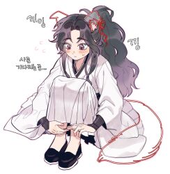 1boy animal_ears black_hair black_shoes blush brown_eyes chinese_clothes curly_hair curtained_hair dog_boy dog_ears dog_tail drawn_ears drawn_tail fluffy_hair flying_sweatdrops from_above hair_ribbon hamkong_0311 hanfu highres hugging_own_legs knees_up korean_text long_hair looking_down luo_binghe male_focus outline own_hands_together parted_bangs pink_outline ponytail raised_eyebrows red_ribbon renzha_fanpai_zijiu_xitong ribbon shoes sidelocks simple_background sitting solo sweatdrop tail very_long_hair white_background white_hanfu wide_sleeves 