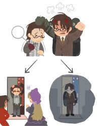  >_< 2boys 2girls angry angry_boss_with_happy_family_irasutoyas_(meme) black_dress bonnet brown_eyes brown_hair brown_jacket brown_necktie brown_pants closed_mouth collared_shirt commentary_request dress dual_persona firefist_office_(identity)_(project_moon) gas_cylinder grabbing_another's_hair gregor_(project_moon) hair_ribbon hair_slicked_back hand_up holding_another's_hair jacket la_manchaland_(identity)_(project_moon) limbus_company long_sleeves meme multiple_boys multiple_girls necktie ntcke open_mouth outis_(project_moon) pants project_moon purple_bonnet purple_ribbon ribbon rodion_(project_moon) shirt simple_background white_background white_shirt 