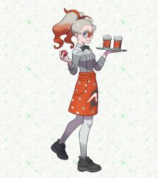  1girl apron black_bow black_bowtie blue_eyes bow bowtie breasts closed_mouth commentary_request cup disposable_coffee_cup disposable_cup full_body glasses gradient_hair griselle_(pokemon) hair_pulled_back highres holding holding_poke_ball holding_tray multicolored_hair official_art orange_apron orange_hair pantyhose poke_ball poke_ball_(basic) pokemon pokemon_legends:_z-a ponytail print_apron red_apron red_hair shirt shoes smile solo split_ponytail tray two-tone_hair waist_apron waitress white-framed_eyewear white_hair white_pantyhose white_shirt 