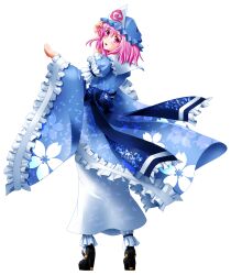  1girl adjusting_clothes adjusting_headwear ankle_cuffs arm_cuffs arm_up blue_hat blue_kimono blue_sash commentary_request cupping_hand floral_print floral_print_kimono frilled_cuffs frilled_sleeves frills from_behind full_body hat highres japanese_clothes kii_(mahoraba) kimono long_sleeves looking_at_viewer looking_back mob_cap obi open_mouth pink_hair print_kimono saigyouji_yuyuko sash short_hair simple_background solo standing touhou triangular_headpiece turning_head white_background wide_sleeves 