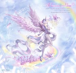  1girl artist_request barbie_(franchise) blue_eyes blue_hair blue_sky bodysuit character_name closed_mouth clouds copyright_logo copyright_name day english_text expressionless facial_tattoo feathered_wings feathers four-pointed_star full_body fur_sash glowstick grey_bodysuit high_heel_sandals high_ponytail horse_tail lace_bodysuit leg_up light_blush light_particles lipstick logo looking_at_viewer makeup miracle_nikki multicolored_hair nikki_(series) official_art outdoors penlight_(glowstick) ponytail purple_hair purple_lips purple_sandals purple_sash purple_wings rainbow sandals sash sky solo sparkle spread_wings tail tattoo third-party_source two-tone_hair unicorn_girl unicorn_goddess_(miracle_nikki) unicorn_horn winged_unicorn wings 