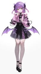  1girl absurdres alternate_costume alternate_hairstyle bandaid bandaid_on_face bandaid_on_hand bandaid_on_wrist barbell_piercing black_bow black_bowtie black_collar black_ribbon black_skirt bow bowtie cellphone closed_mouth collar commentary cross cross-laced_clothes cross-laced_sleeves cross_earrings demon_girl demon_wings ear_piercing earclip earrings frilled_shirt frilled_shirt_collar frills full_body gradient_hair green_eyes hair_bow hair_ornament hair_ribbon hairclip hand_up hashtag-only_commentary heart heart_hair_ornament high-waist_skirt highres holding holding_phone hololive industrial_piercing jewelry jirai_kei kkato leg_tattoo long_sleeves looking_at_viewer low_wings miniskirt multicolored_hair parallel_hairclips phone piercing pink_hair pink_shirt pleated_skirt pointy_ears puffy_long_sleeves puffy_sleeves purple_hair ribbon shirt shirt_tucked_in short_hair simple_background skirt smartphone smile solo strappy_heels suspender_skirt suspenders tail tail_ornament tail_piercing tattoo tokoyami_towa two_side_up virtual_youtuber white_background winged_heart winged_heart_tattoo wings 