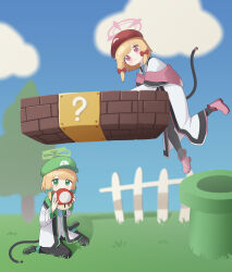  2girls absurdres blonde_hair blue_archive blue_necktie commentary_request cosplay crossover green_eyes green_halo halo highres lab_coat luigi luigi_(cosplay) mario mario_(cosplay) mechanical_tail midori_(blue_archive) momoi_(blue_archive) multiple_girls mushroom necktie no_ti_me pink_eyes pink_halo super_mario_bros. tail 