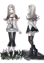  1girl :o black_boots black_choker black_pants black_skirt black_thighhighs blonde_hair blouse boots brown_shirt brown_shoes camisole choker closed_mouth collarbone colored_eyelashes commentary_request flashlight flipped_hair frilled_shirt frilled_skirt frills from_behind full_body gakuen_idolmaster gradient_hair grey_hair hair_ornament hairclip highres hisato_00 holding holding_flashlight idolmaster lace-trimmed_thighhighs lace_trim layered_skirt loafers long_hair looking_at_viewer looking_back multicolored_hair multiple_views open_mouth orange_eyes pants parallel_hairclips pigeon-toed profile puffy_short_sleeves puffy_sleeves red_ribbon ribbon shinosawa_hiro shirt shoes short_sleeves simple_background skirt sleeveless sleeveless_shirt smile swept_bangs thigh-highs torn_clothes white_background white_camisole white_shirt white_skirt 