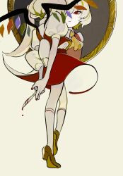  1girl ascot blonde_hair blood blood_on_knife bow collared_shirt commentary_request dee_(tannsumi) flandre_scarlet from_behind highres holding holding_knife kneehighs knife looking_at_mirror mirror one_side_up puffy_short_sleeves puffy_sleeves red_eyes red_nails red_skirt red_vest reflection serious shirt short_sleeves skirt skirt_set socks solo standing standing_on_one_leg touhou vest waist_bow white_background white_bow white_shirt white_socks wings yellow_ascot 