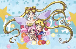  3girls absurdres arm_around_shoulder back_bow bare_shoulders bishoujo_senshi_sailor_moon blonde_hair blue_background blue_eyes blue_sailor_collar bow chibi_usa choker cone_hair_bun crescent crescent_facial_mark double_bun dress dual_persona earrings facial_mark flower forehead_mark gloves hair_bun hair_ornament highres jewelry long_hair magical_girl marco_albiero multiple_girls neo_queen_serenity non-web_source official_art open_mouth own_hands_clasped own_hands_together pink_hair red_bow red_choker red_eyes sailor_collar sailor_moon sailor_senshi_uniform self-scan small_lady_serenity smile star_(symbol) strapless strapless_dress tiara tsukino_usagi twintails very_long_hair white_dress white_gloves 