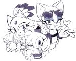  3girls ;d amy_rose animal_ears bat_ears bat_girl blaze_the_cat cat_ears cat_girl gloves hand_fan heart hedgehog hedgehog_ears hedgehog_girl high_ponytail highres holding holding_fan looking_at_viewer mimiipyon multiple_girls one_eye_closed open_mouth paper_fan ponytail rouge_the_bat short_hair simple_background smile sonic_(series) w white_background 