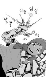  1girl absurdres android breasts commentary cotton_swab dark-skinned_female dark_skin from_below galois greyscale hair_over_shoulder hair_tie highres korean_text magnifying_glass mechanical_arms medium_breasts mimikaki monochrome original shirt sideways solo t-shirt upper_body 