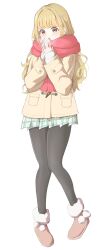  1girl absurdres alternate_costume black_pantyhose blonde_hair boots breathing_on_hands brown_boots brown_coat coat commentary_request enpera fujita_kotone full_body fur-trimmed_boots fur_trim gakuen_idolmaster highres idolmaster long_hair long_sleeves looking_at_viewer open_mouth pantyhose pigeon-toed plaid_clothes plaid_skirt pleated_skirt pom_pom_footwear puren_416 red_scarf scarf simple_background skirt sleeves_past_wrists solo steepled_fingers sweater warming_hands white_background white_skirt white_sweater yellow_eyes 