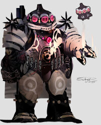  absurdres arm_up armor cape claydol dated grey_background highres personification pokemon pokemon_(creature) reference_inset shadow signature standing sukepmonster 