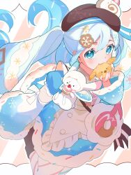  1girl animal apron aqua_eyes aqua_hair asymmetrical_legwear blue_bow blue_dress blue_pantyhose blue_sleeves blush bow bowtie brown_hat character-themed_food closed_mouth commentary_request dessert detached_sleeves double-parted_bangs dress dress_bow food food-themed_clothes food-themed_hat_ornament frilled_apron frills fur-trimmed_dress fur-trimmed_sleeves fur_trim hair_between_eyes hair_ornament hat hat_ornament hatsune_miku heart highres holding holding_food key long_hair long_sleeves looking_at_viewer mismatched_legwear necktie official_alternate_costume official_alternate_hairstyle pantyhose pink_necktie pink_pantyhose puffy_short_sleeves puffy_sleeves rabbit_yukine short_sleeves smile snowflake_print striped_clothes striped_pantyhose twintails two-tone_sleeves very_long_hair vocaloid wavy_hair white_apron white_bow white_rabbit_(animal) wide_sleeves yana_(gsgk0jxuweehcss) yuki_miku yuki_miku_(2026) 