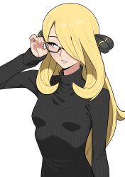  1girl absurdres adjusting_eyewear bespectacled black_sweater blonde_hair breasts commentary_request cynthia_(pokemon) glasses hair_ornament hair_over_one_eye highres n_k_m parted_lips pokemon pokemon_dppt sideways_glance simple_background small_breasts solo sweater turtleneck turtleneck_sweater upper_body white_background 