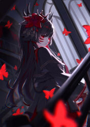  1girl aplior black_capelet black_hair black_horns black_shirt black_skirt blurry blurry_foreground bug butterfly capelet chinese_commentary collared_shirt commentary_request cracked_skin crown dark_persona extra_horns flower from_behind from_below hair_flower hair_ornament highres horns indoors long_hair long_sleeves looking_at_viewer looking_back mahou_shoujo_no_majo_saiban nikaido_hiro parted_lips profile railing red_butterfly red_eyes red_flower shirt skirt smile solo spoilers window witch_(manosaba) 