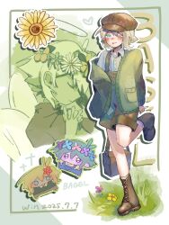  2boys antenna_hair artist_name bag basil_(birthday)_(omori) basil_(faraway)_(omori) basil_(headspace)_(omori) basil_(omori) blonde_hair blue_eyes blush boots brown_bag brown_boots brown_hat brown_overalls cardigan chibi collared_shirt commentary dated double-parted_bangs dual_persona flower flower_wreath green_cardigan green_hair hair_between_eyes hashtag-only_commentary hat head_wreath highres holding holding_bag lace-up_boots long_sleeves looking_at_viewer multiple_boys newsboy_cap o51515o omori one_eye_closed open_cardigan open_clothes overall_shorts overalls shirt short_hair sidelocks smile tongue tongue_out white_shirt 
