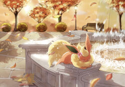  autumn_leaves bench blush bush closed_eyes closed_mouth commentary_request falling_leaves flareon flower fountain hair_flower hair_ornament highres lamppost leaf light_particles maple_leaf nako_(nekono_shippo75) no_humans outdoors park_bench pokemon pokemon_(creature) solo water 